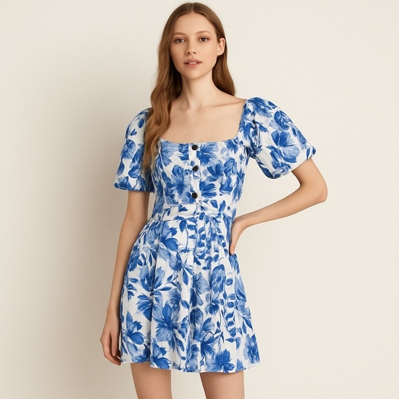 NWOT House of Harlow 1960 Blue Floral Puff Sleeve Off-Shoulder Mini Dress 2 - Picture 1 of 10